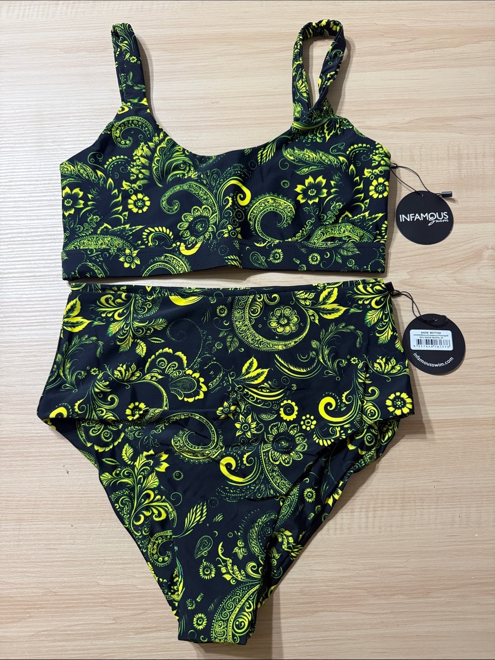 Infamous Black & Neon Green Paisley High-Waist Bikini Set